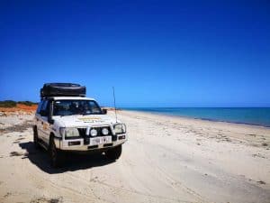 White 4x4 vehicle with a roof tent parked on a sandy beach next to the blue ocean under a clear sky